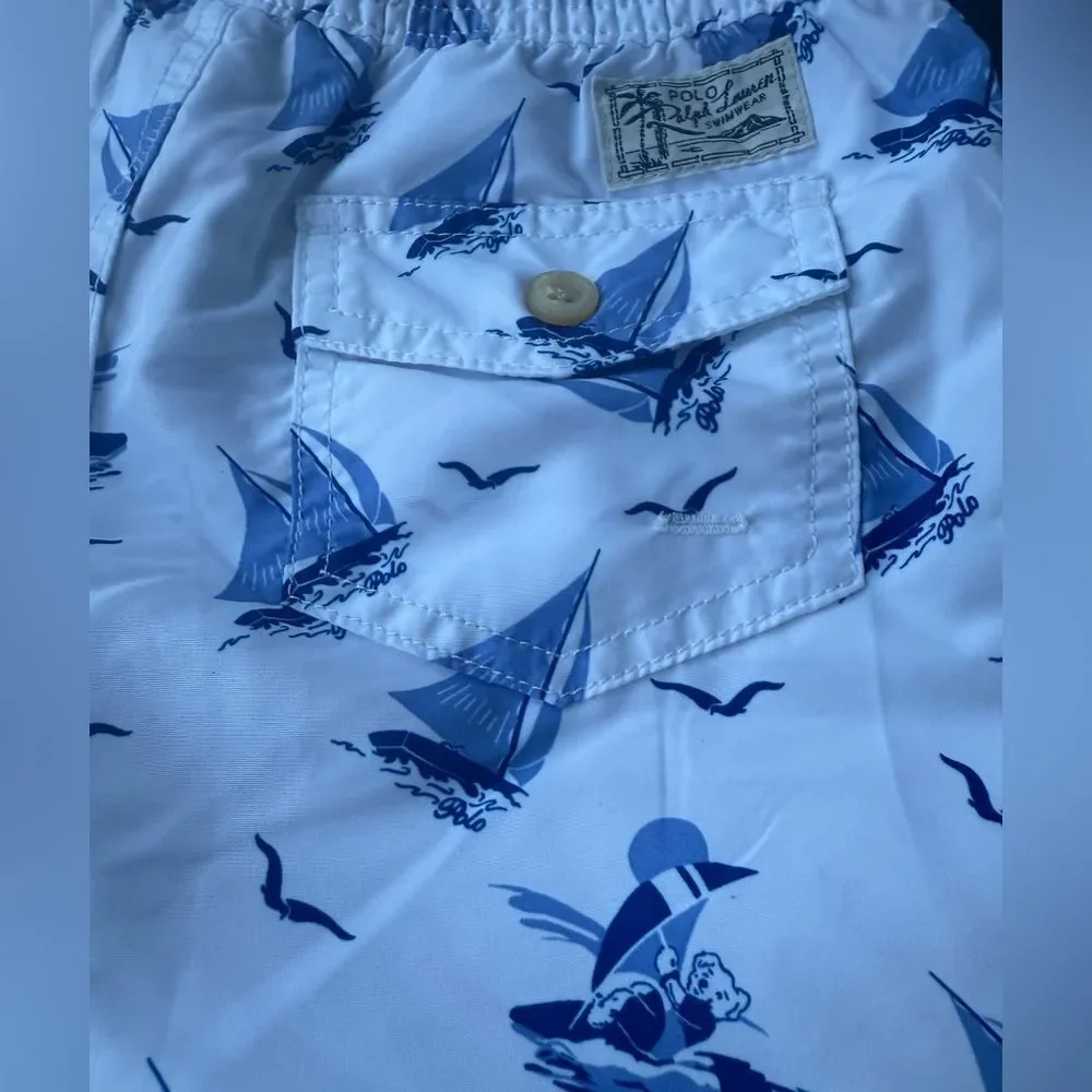 POLO RALPH LAUREN Traveler Polo Bear Swim Trunk Boys Size 7 Blue White